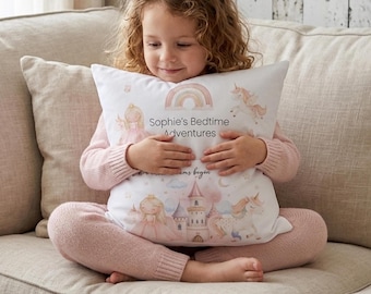 Almofada de bolso personalizada com unicórnio princesa, almofada para meninas que leem histórias