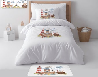 Personalised Little Sailor Teddy Printed Kids/Toddler Single Duvet Cover Set, Pillow case, toddler bedding, Toddler Bedding Teddy Bedding