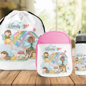 Girls Personalised Fairy Lunch Bag Water Bottle, Personalised Fairy Lunch Bag Girls School Bag, Insulated Kids Lunch Box Back To School