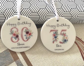 Personalised Floral Milestone Birthday Bauble, Custom Ceramic Age Ornament, Bespoke Women's Party Plaque