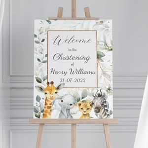 Personalised Safari Christening Welcome Sign, Personalised Gold and Greenery Eucalyptus Christening/Baptism Welcome Sign