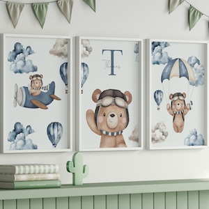 Personalisierter Aviator Heißluftballon Teddybär Kinderzimmer Drucke 3er Set, Kinderzimmer Poster, Wand Kunst Druck, Kinder Poster, Babyparty
