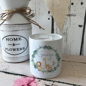 Kids Personalised Ceramic Money Box, Cute Safari Animals Piggy Bank, Savings Pot, Coin Jar