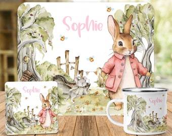 Kids Personalised Wooden Glossy Placemat and Coaster Pink Rabbit Placemat and Coaster Pink Bunny Placemat Birthday Gift Idea