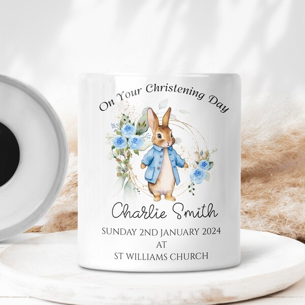 Personalised Christening Ceramic Money Box,  Blue Rabbit Money Box, Christening Gift, Keepsake Piggy Bank, Coin Bank, Pink/Blue