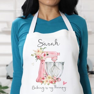 Personalised  Apron, Watercolor Pink  Baking Gift, Watercolour Flowers Apron Cooking Gift, Gift for Her, Custom Made, Baking is my Therapy