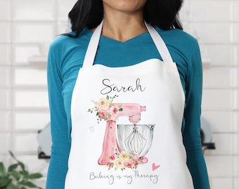 Personalised  Apron, Watercolor Pink  Baking Gift, Watercolour Flowers Apron Cooking Gift, Gift for Her, Custom Made, Baking is my Therapy