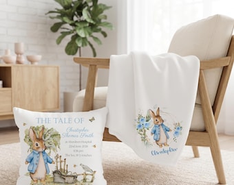 Personalised Blue Bunny Blanket Set, Custom Birth Stats Cushion, Newborn Baby Boy Bundle