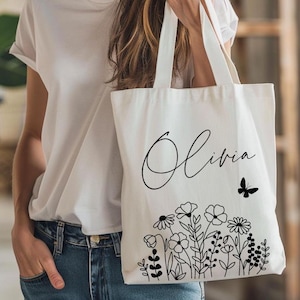 Personalised Floral Tote Bag: Custom Name Shopping Bag