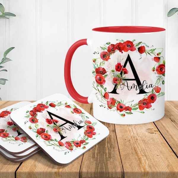 Personalised Mug, Poppy Floral Designs Name Cup Gift for Friends, Coffee Mug Gift for Her, Bridesmaid Gift, Mothers Day Gift for Her