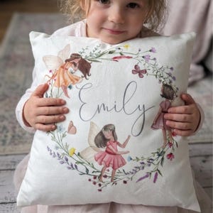 Cojín personalizado con nombre de hada, almohada infantil con estampado floral de bosque