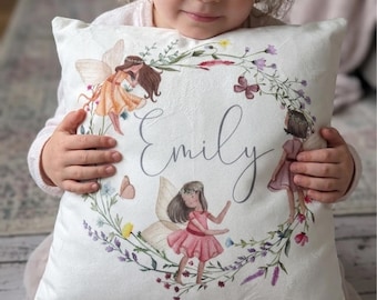 Personalised Fairy Name Cushion, Floral Woodland Nursery Pillow, Custom Girl Decor