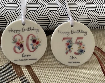 Personalised Floral Birthday Ceramic Ornament, Keepsake Milestone Gift