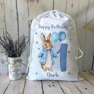 Personalised Birthday Sack, Custom Gift Bag, Storage Bag, Laundry bag, Toy Sack, First Birthday Gift Bag, Birthday Gift, Blue Bunny
