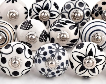 Moroccan drawer knob Black White Ceramic: Hand Painted Striped Boho Decor Pull(Set of 1 Knob)