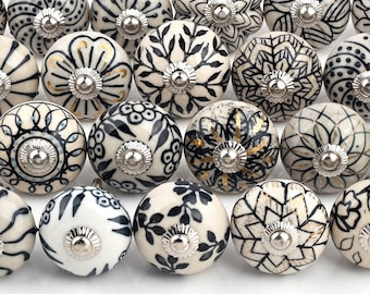 Black White Ceramic Knob: Hand-Painted Floral Pull for Dressers and Cabinets(Set of 1 Knob)