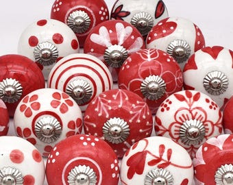 Czerwono-białe ceramiczne gałki mozaikowe, uchwyt do szafy w stylu vintage, gałka do szuflady, uchwyty do szafek (zestaw 1 gałki)