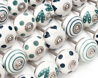 Gałki ceramiczne malowane ręcznie: zielone i białe, różne wzory (zestaw 1 gałki)