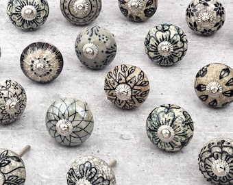Assorted Black & White Ceramic Knobs, Hand-Painted Drawer Pulls(Set of 1 Knob)
