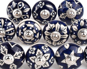 Hand-Painted Blue Ceramic Knobs, Assorted Designs(Set of 1 Knob)