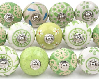 Ceramic door knobs: Green vintage style for cabinets and drawers(Set of 1 Knob)