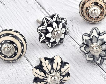 Zwart-witte keramische knoppen, handgeschilderde ladegrepen (set van 1 knop)