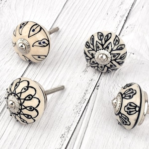 Handgeschilderde keramische knoppen, zwart-wit meubelbeslag (set van 1 knop)