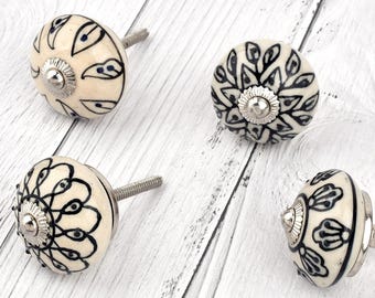 Handgeschilderde keramische knoppen, zwart-wit meubelbeslag (set van 1 knop)
