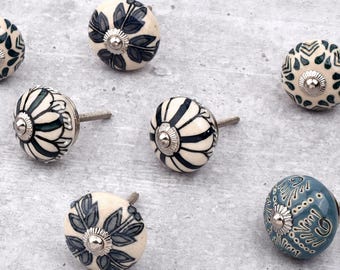 Hand-Painted Blue Ceramic Knobs: Vintage Kitchen Cabinet Hardware(Set of 1 Knob)