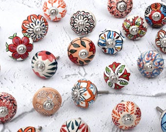 Tiny art knobs: Hand-Painted Ceramic, Red Orange Blue Pattern Set(Set of 1 Knob)