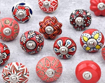 Red Ceramic Knobs | Hand-Painted, Assorted Furniture Hardware(Set of 1 Knob)