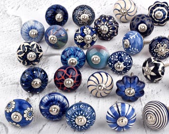 Blauw-witte keramische knoppen, handbeschilderd kastbeslag (set van 1 knop)