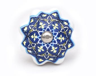 Pomello in ceramica blu e bianca a forma di zucca / Ferramenta per mobili dipinta a mano (set di 1 pomello)