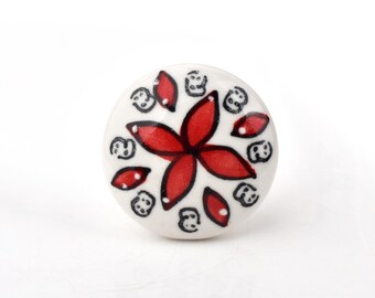 Pomello in ceramica a forma di petalo rosso e bianco, realizzato a mano - Maniglia decorativa floreale unica, dipinta a mano (set da 1 pomello)