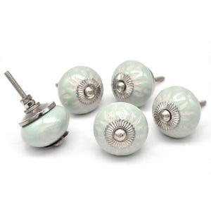 Peut inclure: Ensemble de cinq boutons de cabinet en céramique avec un glaçage vert clair et un motif floral blanc. Chaque bouton a une base en métal argenté.