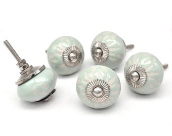 Hand printed knob Aqua Green Ceramic: Floral Country Style Drawer Pull(Set of 1 Knob)