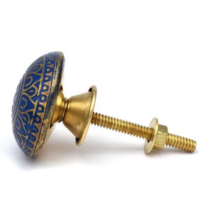 Blue and gold brass cabinet/drawer knob with Mughal floral motif, round brass hardware, mounting bolt.
