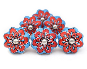 Pomelli per mobili in ceramica dipinti a mano con fiori, blu e rossi, stile vintage (set da 1 pomello)