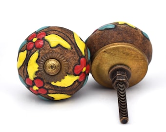 Pomello in ceramica floreale dipinto a mano, marrone, giallo e bianco (set da 1 pomello)