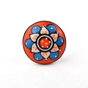Handcrafted Red and Blue Lotus Ceramic Knob - Vibrant Hand-Painted Floral Decorative Cabinet Pull for Dresser Drawers (Set of 1 Knob)