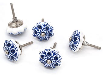 Blue design with white base Ceramic Cabinet Pumpkin Shape Knobs | Furniture Door Ceramic Knobs | Ceramic Knob|(Set of 1 Knob)