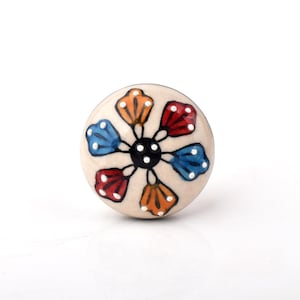 Handcrafted Multicolored Tulip Ceramic Knob - Unique Hand-Painted Red, Blue, and Orange Floral Decorative Cabinet Pull (Set of 1)