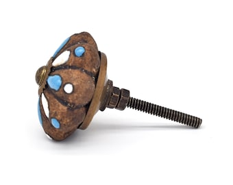 Hand-Painted Ceramic Cabinet Knob, Cobalt Blue & White, Antique Copper Hardware(Set of 1 Knob)