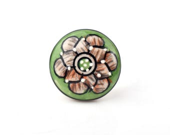 Pomello in ceramica verde salvia con motivo floreale, realizzato a mano - Maniglia decorativa botanica dipinta a mano per cassetti di comò (set da 1 pomello)