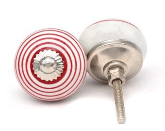Rode en witte keramische knoppen Keukenkastladeknoppen Hardwareknoppen Handgemaakte knoppen Kastknoppen Keramische rode lijn cirkeldeurknoppen
