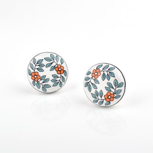 Handmålad blomkrans keramisk knopp - Blågrönt blad och orange blomma skåpshandtag
