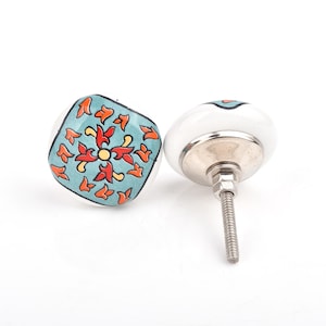 Artisanal Turquoise Square Door Knob – Handcrafted Mediterranean Style Pottery Furniture Accent