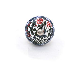 Hand-Painted Ceramic Knobs: Birds & Flowers, Blue Green White(Set of 1 Knob)