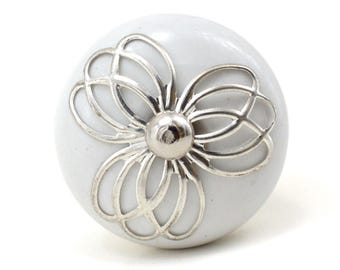 Miniature knob pull, Polished Ceramic White Flower 1.5 Inch Drawer Handle(Set of 1 Knob)