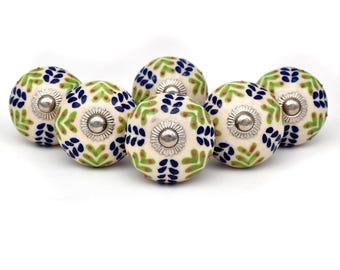 Handgeschilderde keramische knoppen, groen en blauw tropisch bladdecor (set van 1 knop)